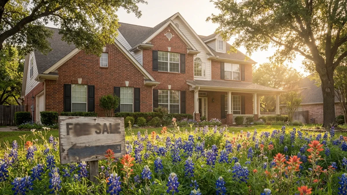 Close-up of a detailed, traditional Mesquite, Texas home, red brick facade, white trim, with a 'For Sale' sign partially visible, captured during a bright spring morning. The foreground shows blooming Texas wildflowers with soft sunlight on the architecture. Cinematic lighting, golden hour, 16:9, highly detailed 8k.