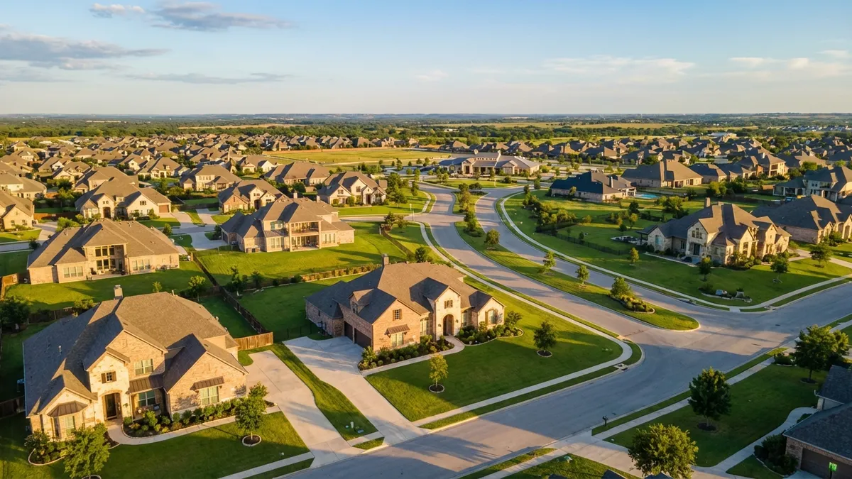 High-angle drone shot of a modern suburban neighborhood in Taylor, TX, bathed in warm afternoon sunlight. Houses with diverse architectural styles, green lawns, and spacious driveways are visible. A clear, blue Texas sky with scattered white clouds. Cinematic lighting, golden hour, 16:9, highly detailed 8k.