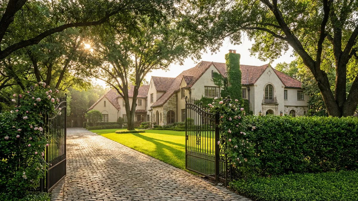 Luxurious, grand estate architectural style home from the 1920s or 1930s in Terrell Hills, Texas. Wrought iron gates partially open revealing a tree-lined driveway, lush green manicured lawn. Soft, morning light filtering through oak trees. Cinematic lighting, golden hour, 16:9, highly detailed, 8k.