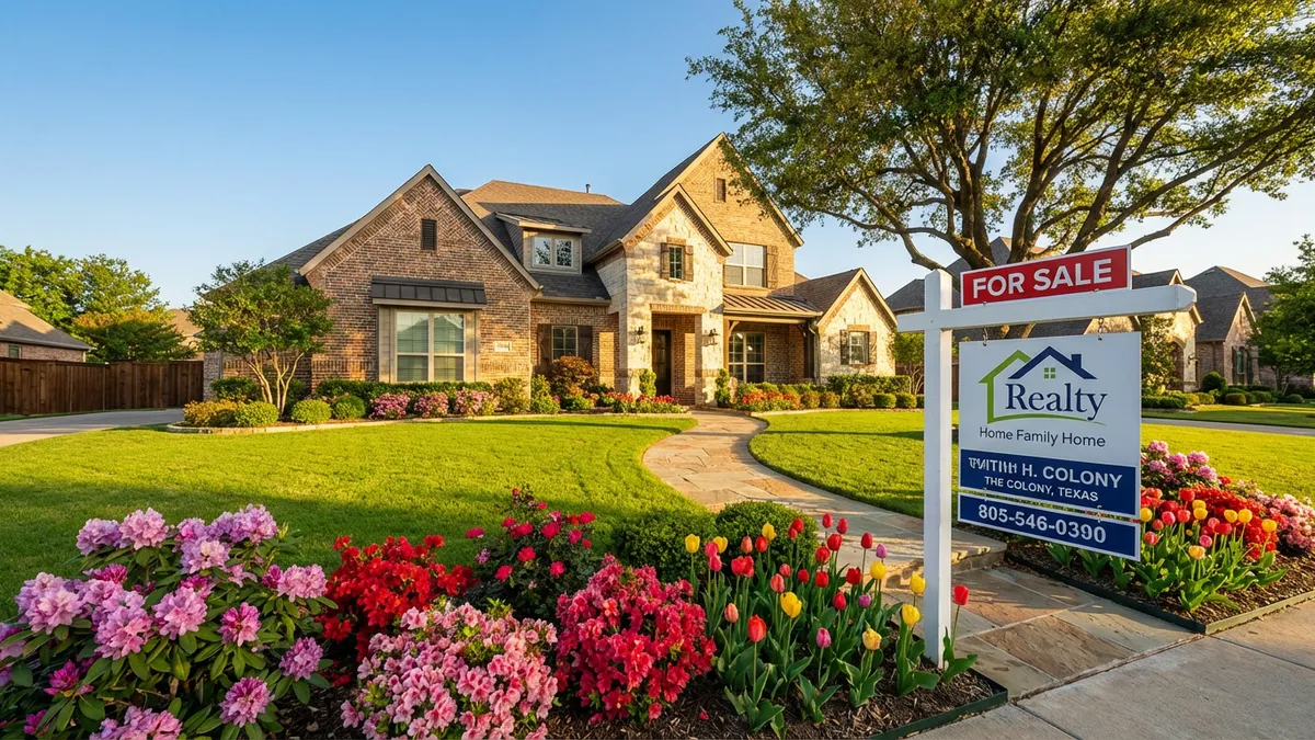 A single-family home with a 'For Sale' sign in the front yard, in a well-maintained suburban neighborhood of The Colony, TX. Spring morning light, clear blue sky. Meticulously manicured lawn, fresh blooming flowers in vibrant colors. Wide-angle shot, inviting composition, natural colors, highly detailed 8k. Cinematic lighting, golden hour, 16:9.