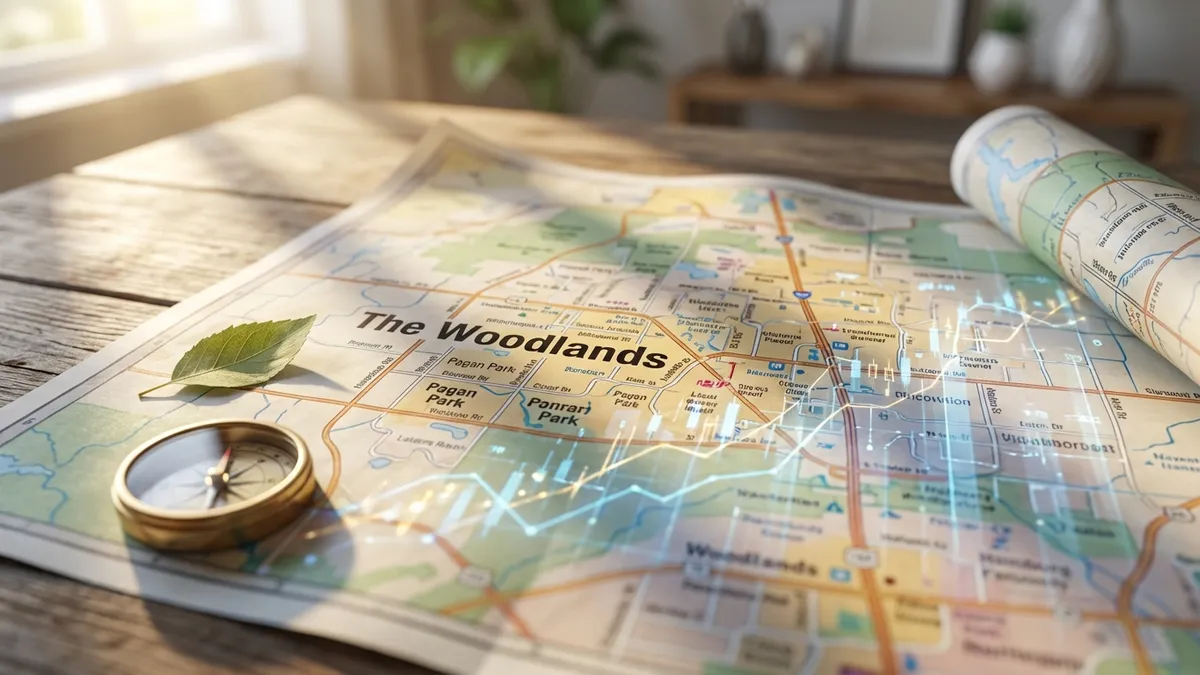 Close-up of a detailed, vibrant map of The Woodlands, Texas, with a subtle overlay of abstract financial graphs. Natural light illuminating the scene from the upper left. A delicate green leaf lies on one section of the map, near a miniature, elegant compass. Highly detailed 8k photography, cinematic lighting, 16:9 aspect ratio, shallow depth of field. Materials: paper, metal, natural foliage.