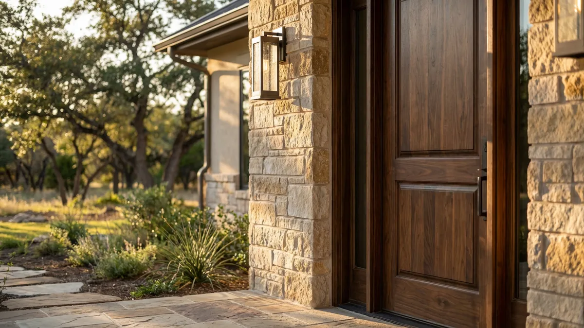 Close-up of a meticulously crafted architectural detail on a modern luxury new construction home, showcasing intricate stonework and a rich wooden door. Cinematic lighting, golden hour, 16:9, highly detailed 8k, bokeh in background.