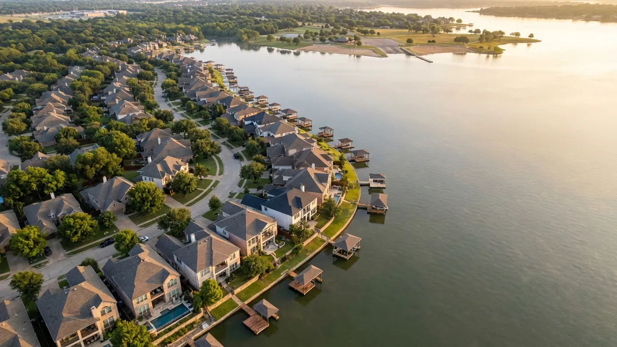 Overhead drone shot: A serene, expansive Lake Lewisville with a curved shoreline. On the shore, a tightly packed community of modern, luxury homes with private docks extending into the calm water. Mature green trees line the streets. In the distance, a public park area with sandy beaches and boat ramps. Early morning cinematic lighting, soft golden hour glow, 16:9 aspect ratio, highly detailed 8k.