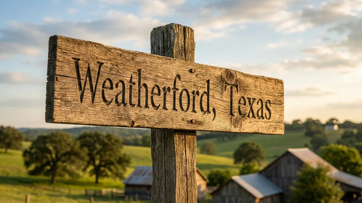 Close-up of a rustic wooden sign engraved with 'Weatherford, Texas' in a natural, sunlit setting. A blurred background shows rolling green hills and a few distant, traditional Texas-style homes under a clear, bright blue sky with wispy clouds. Cinematic lighting, golden hour, 16:9, highly detailed 8k.
