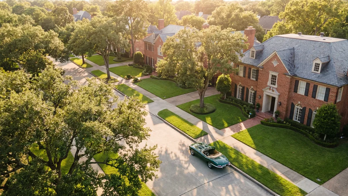 High-angle, cinematic drone shot at golden hour over a tree-lined street in West University Place, Houston. Focus on elegant, traditional brick luxury homes with manicured lawns. A classic vintage car is parked by the curb. Lush green foliage, dappled sunlight, soft shadows. 16:9 aspect ratio, highly detailed 8k photography.