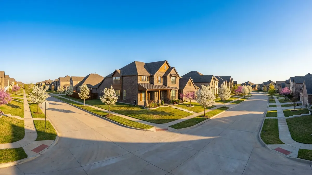 A wide-angle shot of a suburban street in Wilmer, Texas, with newly constructed, modern single-family homes under a clear spring sky. Well-manicured lawns and blossoming trees line the street. Cinematic lighting, morning light, 16:9 aspect ratio, highly detailed 8K, photorealistic.